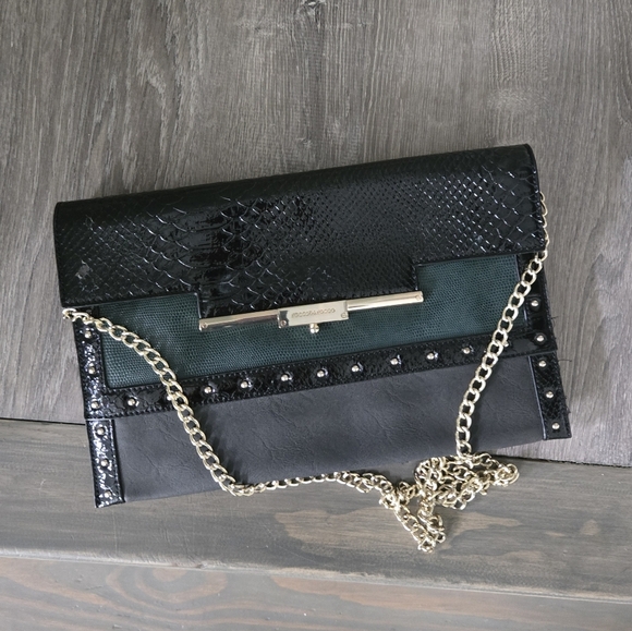 roccobarocco Handbags - Roccobarocco Black and Gray Clutch with Gold Chain